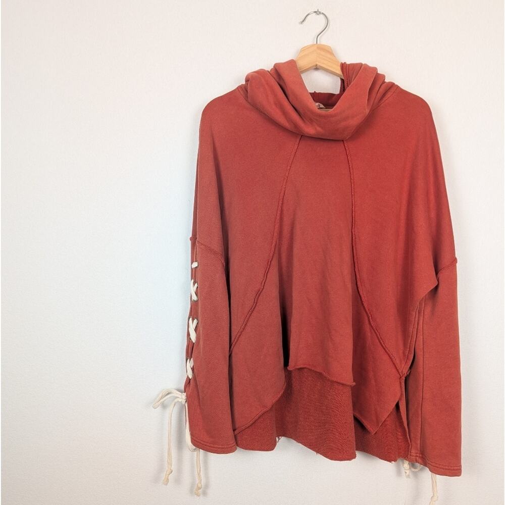 POL Hooded Sweatshirt S Burnt Orange Red Lace Up Sleeve Oversized Casual Cozy - Picture 3 of 8